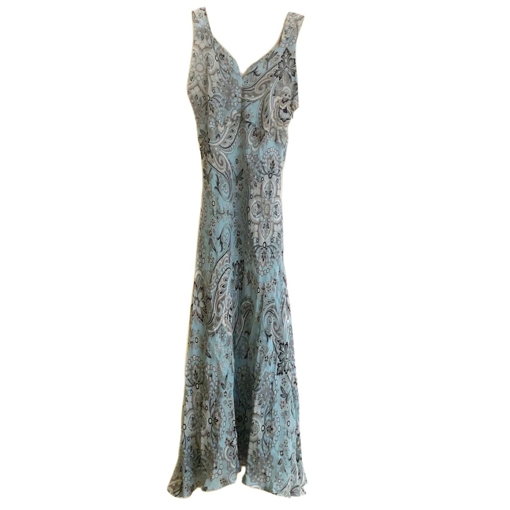 Ann Taylor All Silk Tapestry Medallion Midi Casual Teal Pretty Dress Like New 2